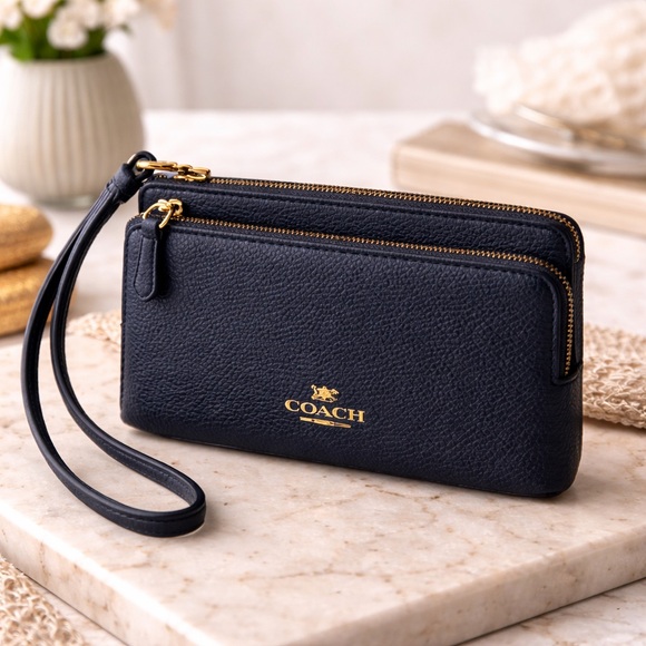 Coach Handbags - Coach Midnight Pebbled Leather Double-Zip Wristlet | Gold Hardware NWT $198 MSRP